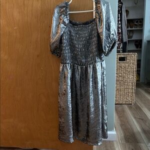 Shimmering Silver Dress with Puff Sleeves